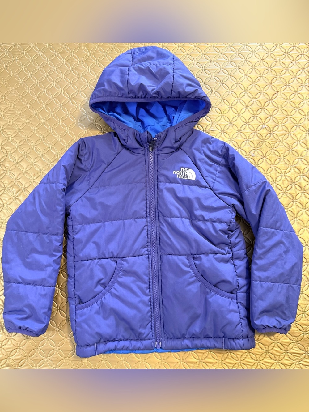 North Face Kids Puffer Jacket Size 5 Perrito Insulated Hood Blue TNF Reversible